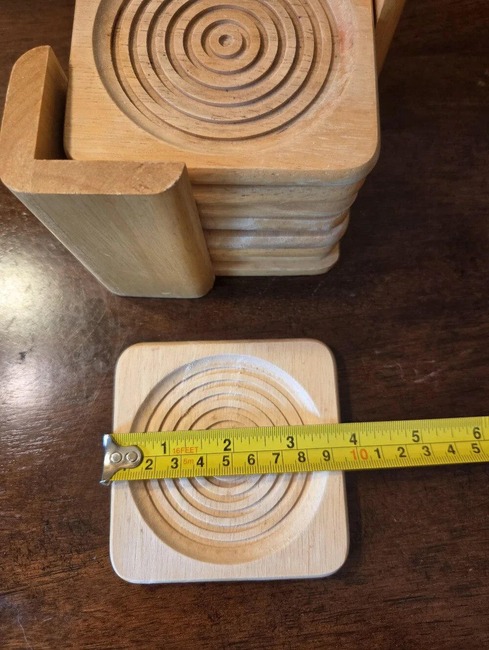 Set of 8 Vtg Solid Light Colored Wood 4” Coasters w/ Coaster Holder Modern Swirl